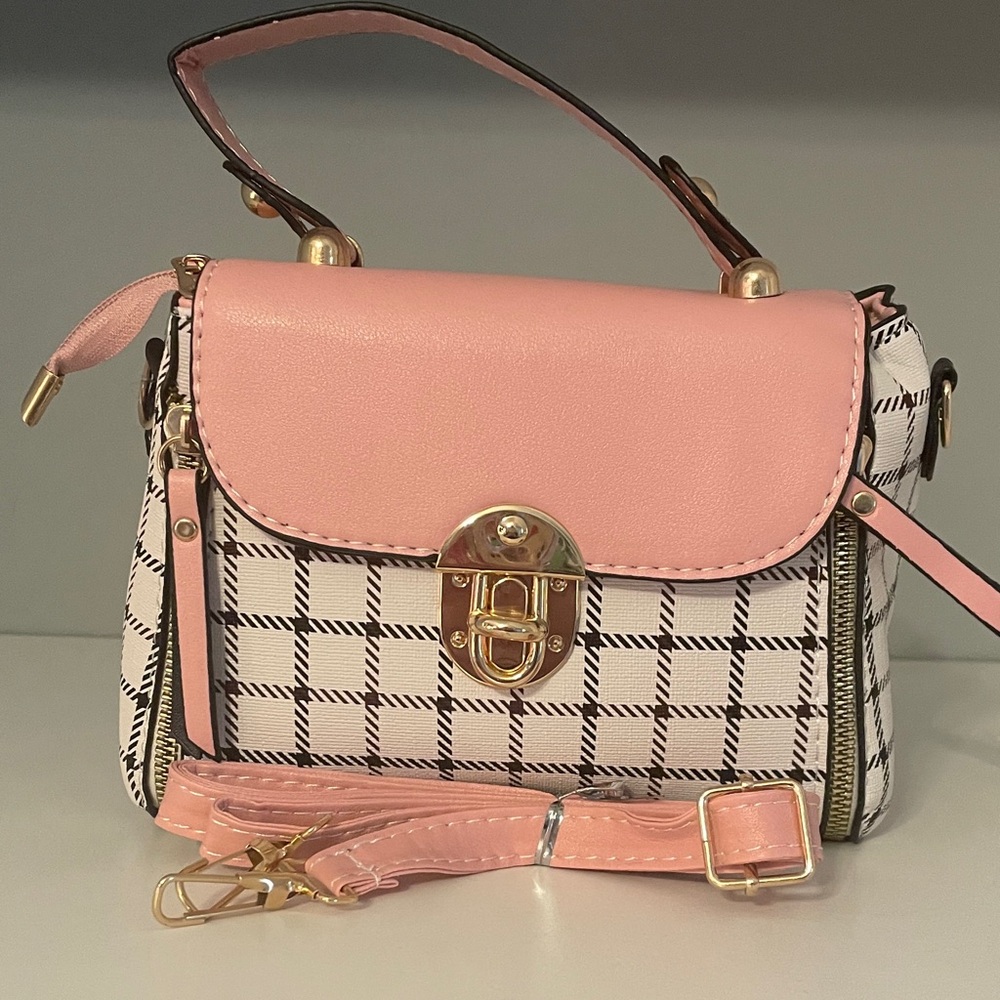 Pink and White Checkered Women's Handbag